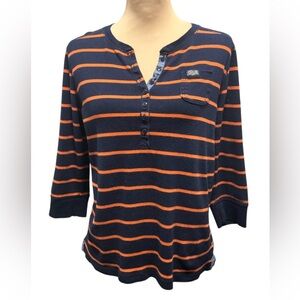 LRL Lauren Jeans Co Shirt Women Size Large Blue Orange Stripe 3/4 Sleeve Cotton.